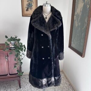 Vintage 1960s 70s black brown faux fur velvet coat with silver buttons